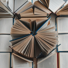 Naklejka premium There are open books on a large table, view from above, the books create a geometric pattern