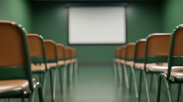An after-hours classroom with dim lighting, tidy arrangement of chairs and tables, projector screen at the front, and a peaceful academic atmosphere.