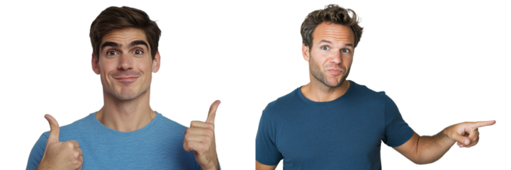 A young man, wearing a blue t-shirt and looking shocked, points rightward with his finger while exclaiming "WOW" loudly.
