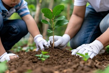 Fototapeta premium Children and an adult plant a young tree together, symbolizing environmental awareness, growth, and the nurturing of nature, with a focus on hands in the soil.