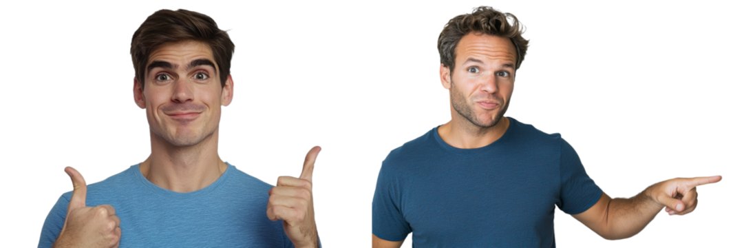 A young man, wearing a blue t-shirt and looking shocked, points rightward with his finger while exclaiming "WOW" loudly.