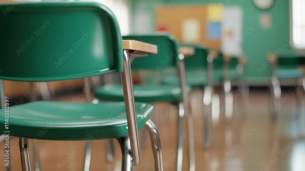 Aufkleber the school classroom with tidy rows of chairs and desks, just slightly blurred, creating a serene le