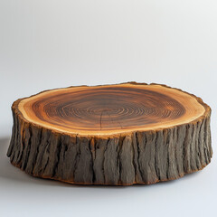 A large, thick wooden tree slice serving as an open-bottomed cake stand, with the wood texture visible on a white background.