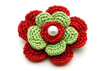Close-up of a vibrant crochet flower brooch.