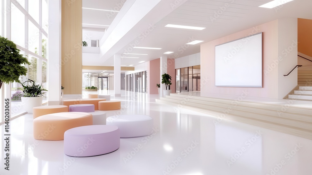 Poster a modern classroom in soft blur, featuring interactive whiteboards and an open floor plan.