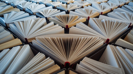 There are open books on a large table, view from above, the books create a geometric pattern