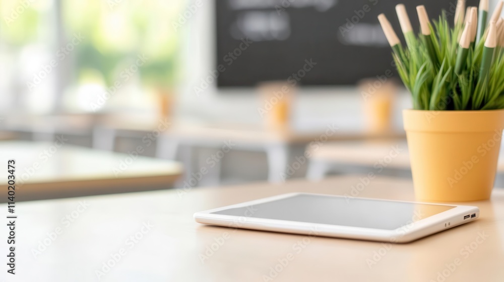 Poster a classroom with clean tablet desks and neatly arranged chairs, appearing slightly distorted in pers