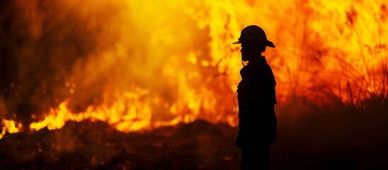 Obraz premium Silhouette of a Firefighter in Front of Intense Wildfire, Concept of Emergency Response and Rescue