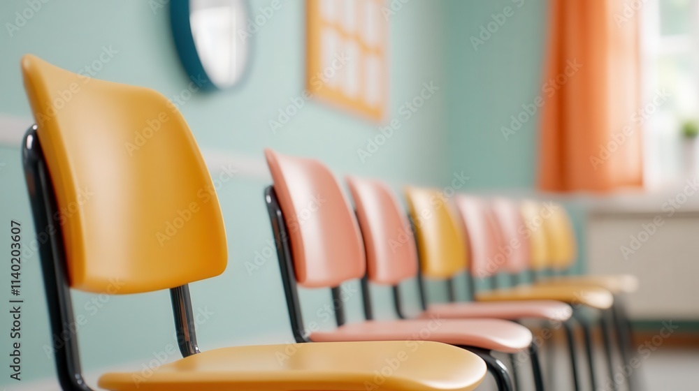 Poster a classroom in soft focus with rows of chairs and a clock on the wall.