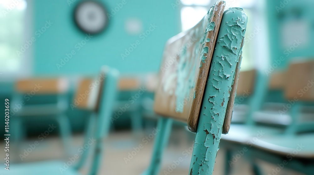 Poster the classroom appears in a soft focus with rows of chairs and a clock on the wall.