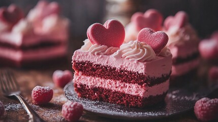 Slice of red velvet cake with strawberry and raspberry cream and sugar hearts, valentines day delicious dessert