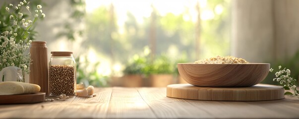 Wooden bowl with grains, seeds, and spices on kitchen table