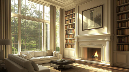 Fototapeta premium A modern classic interior design, featuring a living room with a fireplace and bookshelves. A white sofa sits in front of the window, complemented by a black coffee table. The tall