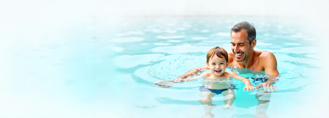 Father and Child Swimming in a Clear Blue Pool