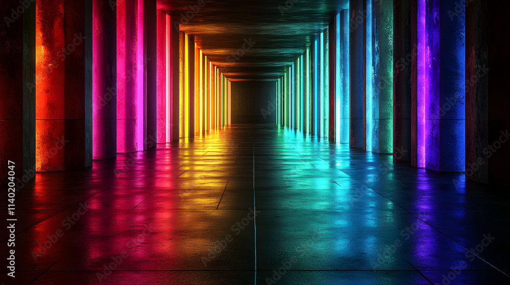 Poster sci fy neon multicolored glowing rays in a dark hall. reflections on the floor and walls. empty back
