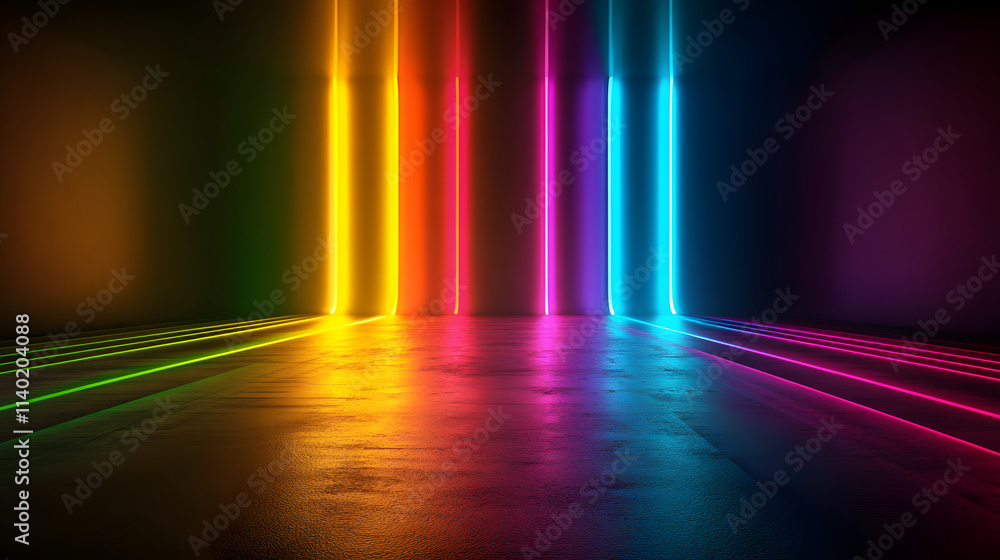 Aufkleber sci fy neon multicolored glowing rays in a dark hall. reflections on the floor and walls. empty back