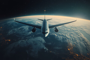 Obraz premium In the sky, an airplane is flying over the earth.