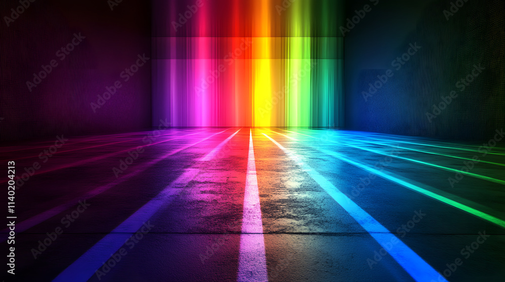 Poster sci fy neon multicolored glowing rays in a dark hall. reflections on the floor and walls. empty back