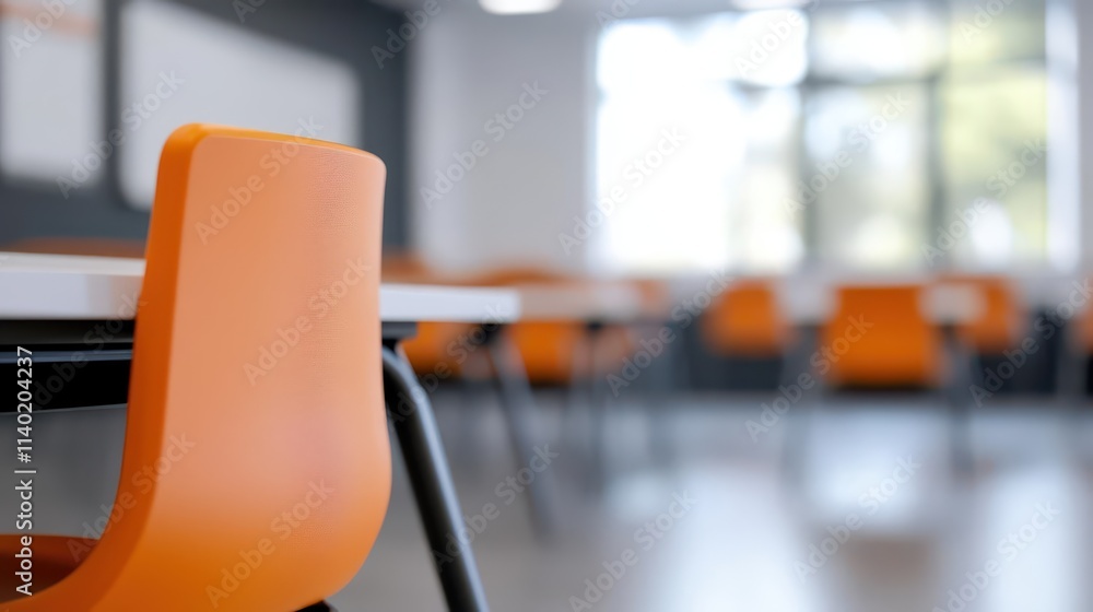 Poster a blurred view of a modern classroom setup with ergonomic chairs and large windows, providing a glim
