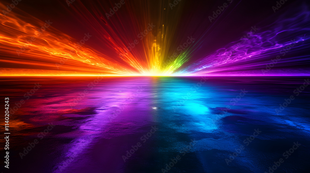 Poster sci fy neon multicolored glowing rays in a dark hall. reflections on the floor and walls. empty back