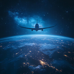 Naklejka premium In the sky, an airplane is flying over the earth.
