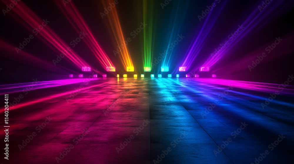 Poster sci fy neon multicolored glowing rays in a dark hall. reflections on the floor and walls. empty back