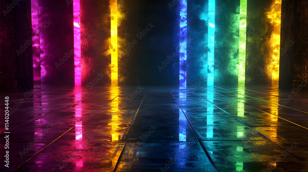Poster sci fy neon multicolored glowing rays in a dark hall. reflections on the floor and walls. empty back