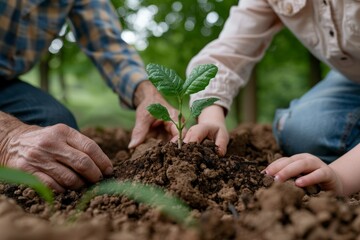 Multi-generational family planting a young tree together, symbolizing environmental stewardship, family bonding, and growth.