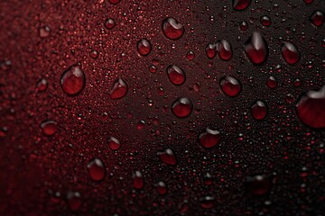 Close-up of water droplets on a dark red surface, creating a dramatic and textured backdrop.
