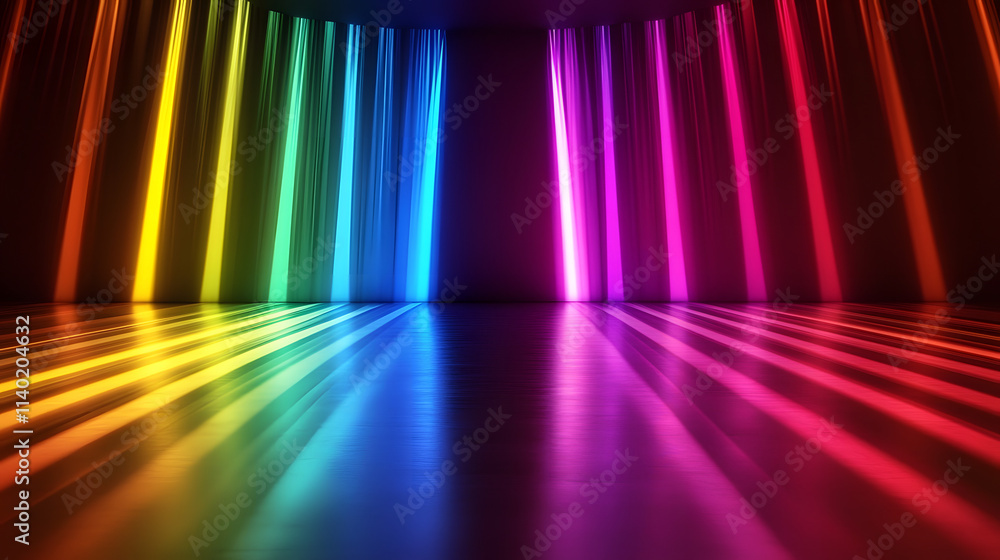 Poster sci fy neon multicolored glowing rays in a dark hall. reflections on the floor and walls. empty back
