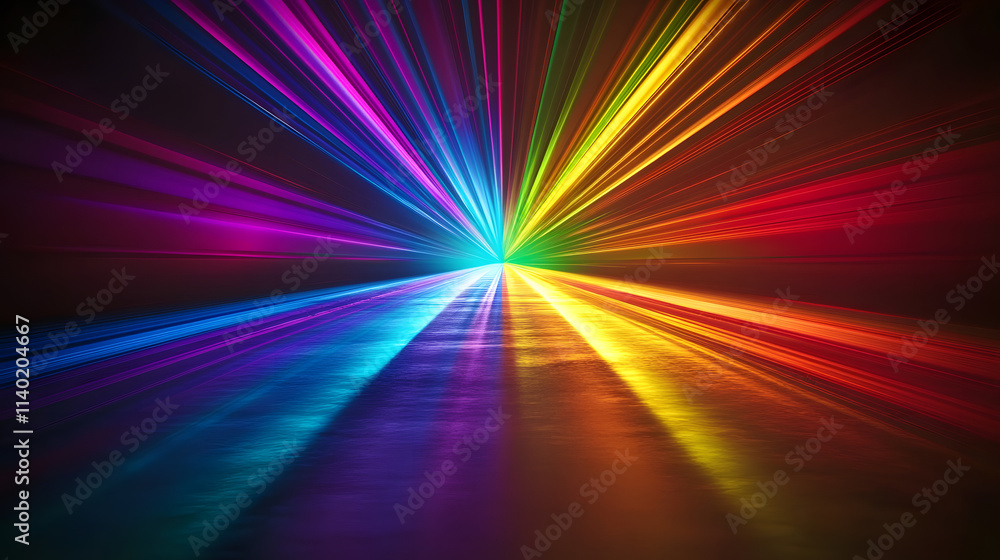 Poster sci fy neon multicolored glowing rays in a dark hall. reflections on the floor and walls. empty back
