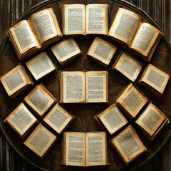 Obraz premium There are open books on a large table, view from above, the books create a geometric pattern