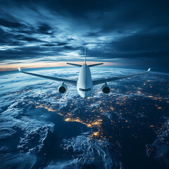 Fototapeta premium In the sky, an airplane is flying over the earth.