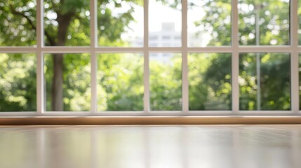 The blurred schoolroom had large glass windows and seating that was meticulously arranged.