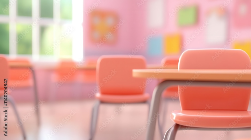 Poster a back-to-school themed classroom in blur, with a focus on empty seats and tidy tables.