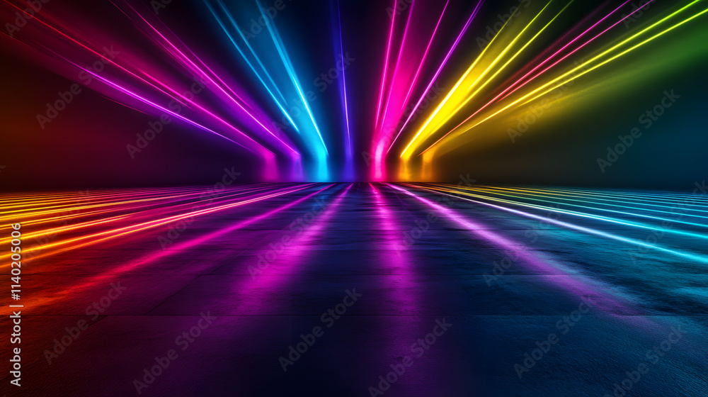 Poster sci fy neon multicolored glowing rays in a dark hall. reflections on the floor and walls. empty back