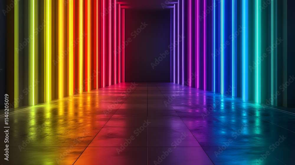 Poster sci fy neon multicolored glowing rays in a dark hall. reflections on the floor and walls. empty back