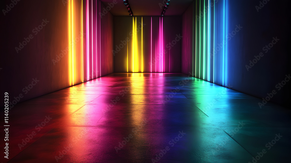 Poster sci fy neon multicolored glowing rays in a dark hall. reflections on the floor and walls. empty back