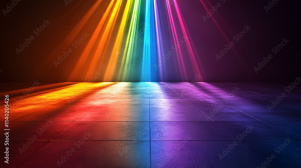 Poster sci fy neon multicolored glowing rays in a dark hall. reflections on the floor and walls. empty back