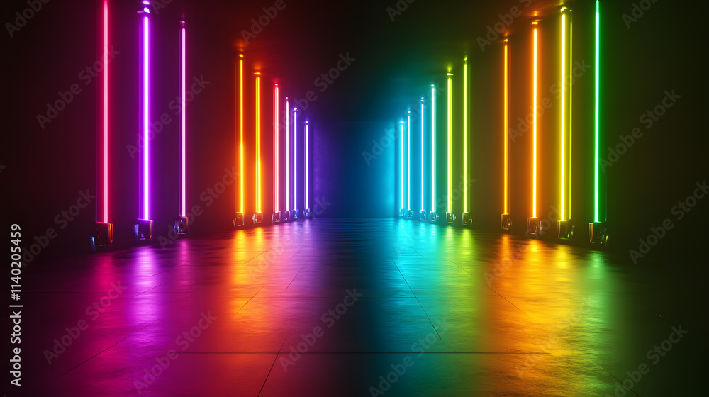 Poster sci fy neon multicolored glowing rays in a dark hall. reflections on the floor and walls. empty back