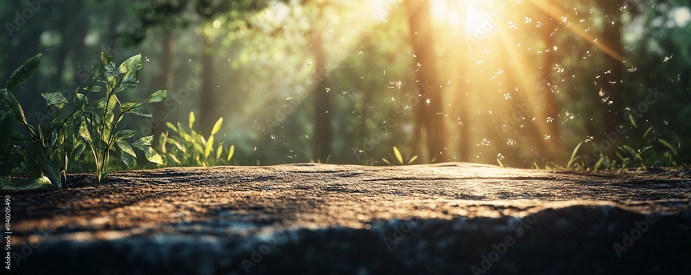 Poster sunlight shining through trees in peaceful forest with empty stone table