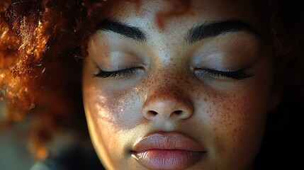 Close up of a young woman with freckles and curly hair