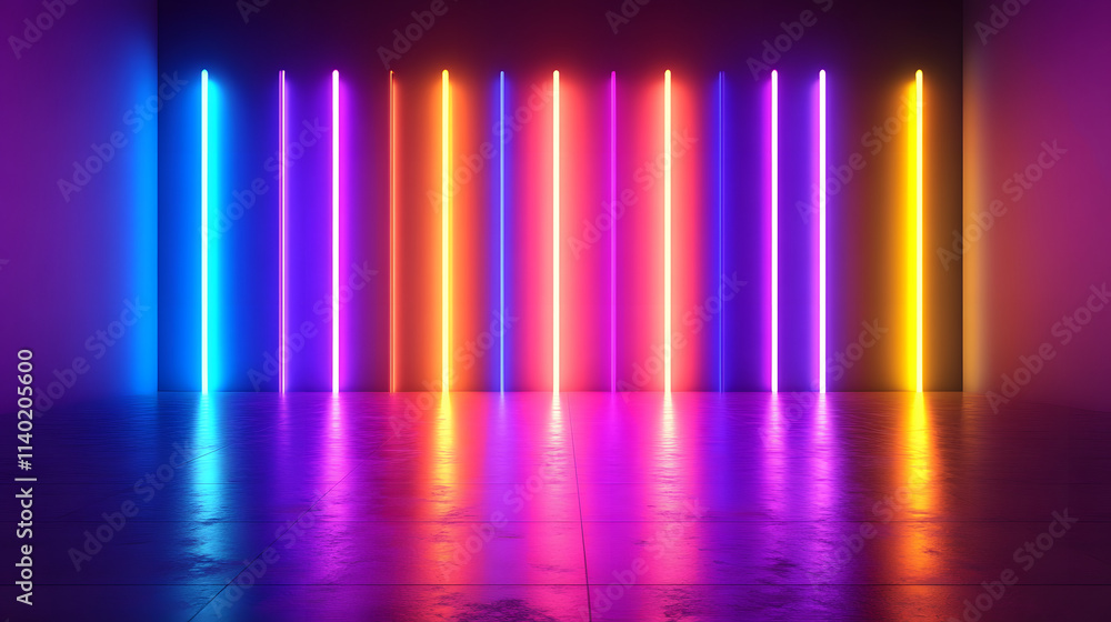 Poster sci fy neon multicolored glowing rays in a dark hall. reflections on the floor and walls. empty back