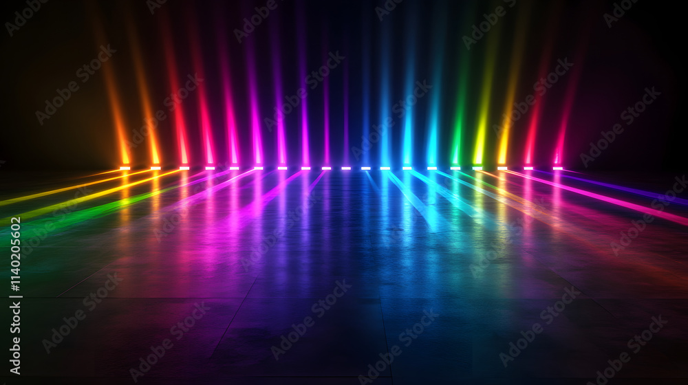 Poster sci fy neon multicolored glowing rays in a dark hall. reflections on the floor and walls. empty back