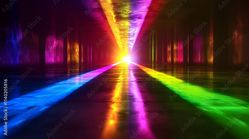 Poster sci fy neon multicolored glowing rays in a dark hall. reflections on the floor and walls. empty back