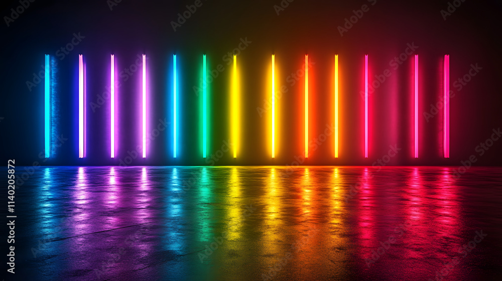 Poster sci fy neon multicolored glowing rays in a dark hall. reflections on the floor and walls. empty back