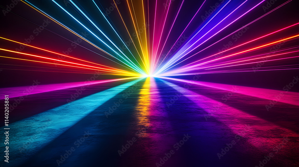 Poster sci fy neon multicolored glowing rays in a dark hall. reflections on the floor and walls. empty back