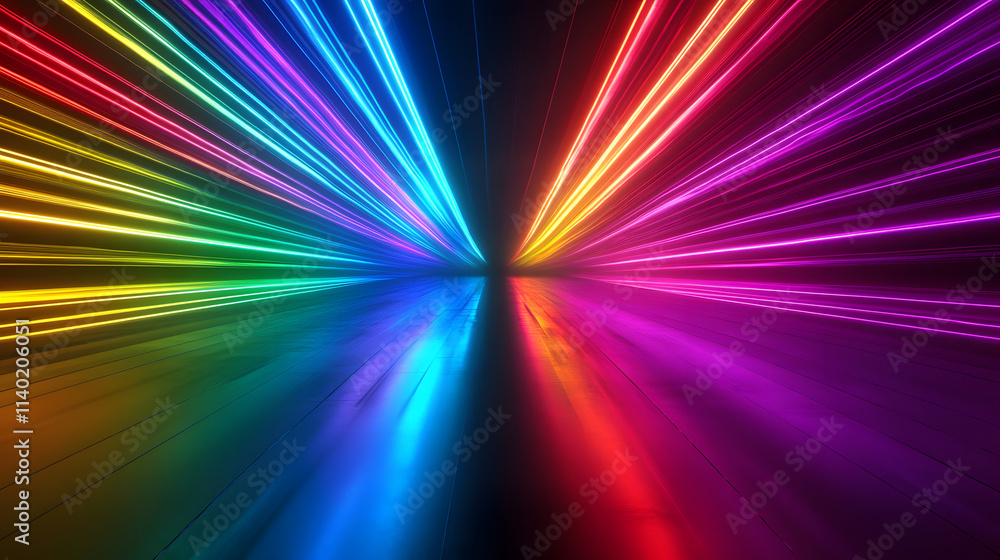 Poster sci fy neon multicolored glowing rays in a dark hall. reflections on the floor and walls. empty back