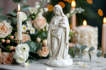 White statue of the Virgin Mary with child surrounded by candles and flowers, representing purity, faith, and devotion.