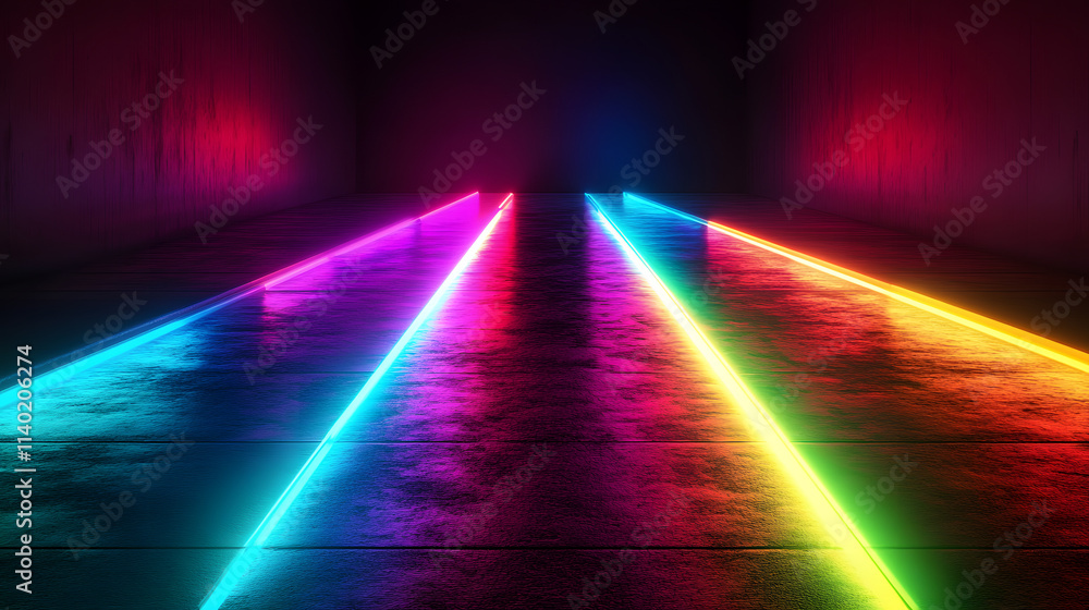 Poster sci fy neon multicolored glowing rays in a dark hall. reflections on the floor and walls. empty back